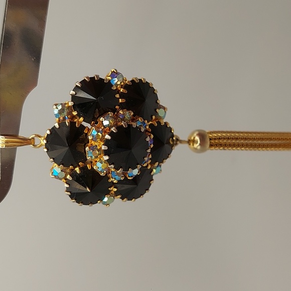 Estate Jewelry - Domed Rivoli Glass Blue AB Rhinestones Vintage Goldtone Pendant w/ Tassel EVC